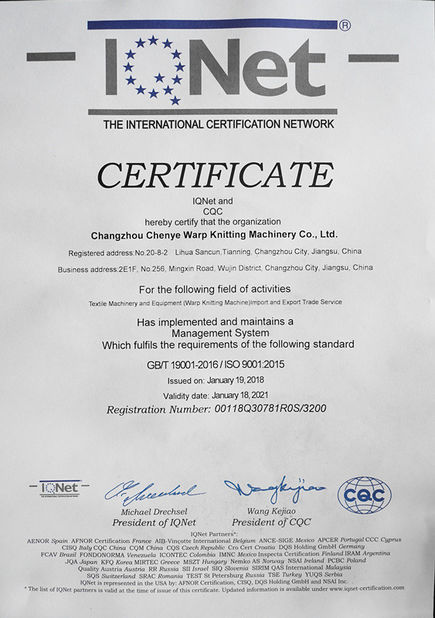 China Changzhou Chenye Warp Knitting Machinery Co., Ltd. Leave Messages certification