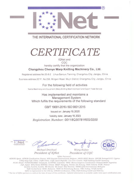 China Changzhou Chenye Warp Knitting Machinery Co., Ltd. certification