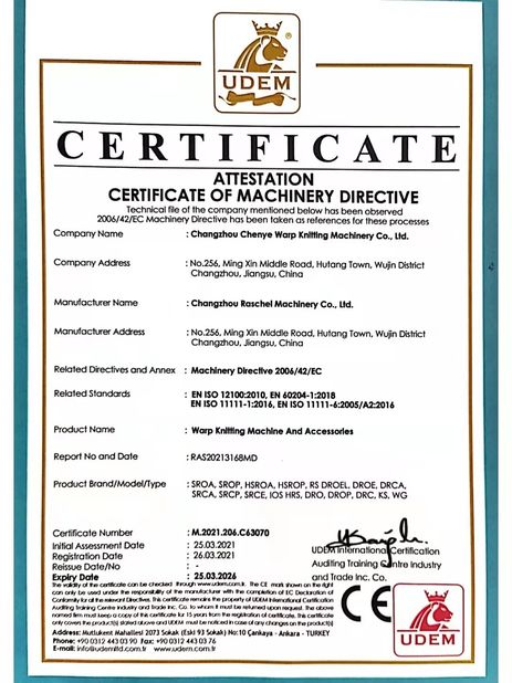 China Changzhou Chenye Warp Knitting Machinery Co., Ltd. certification
